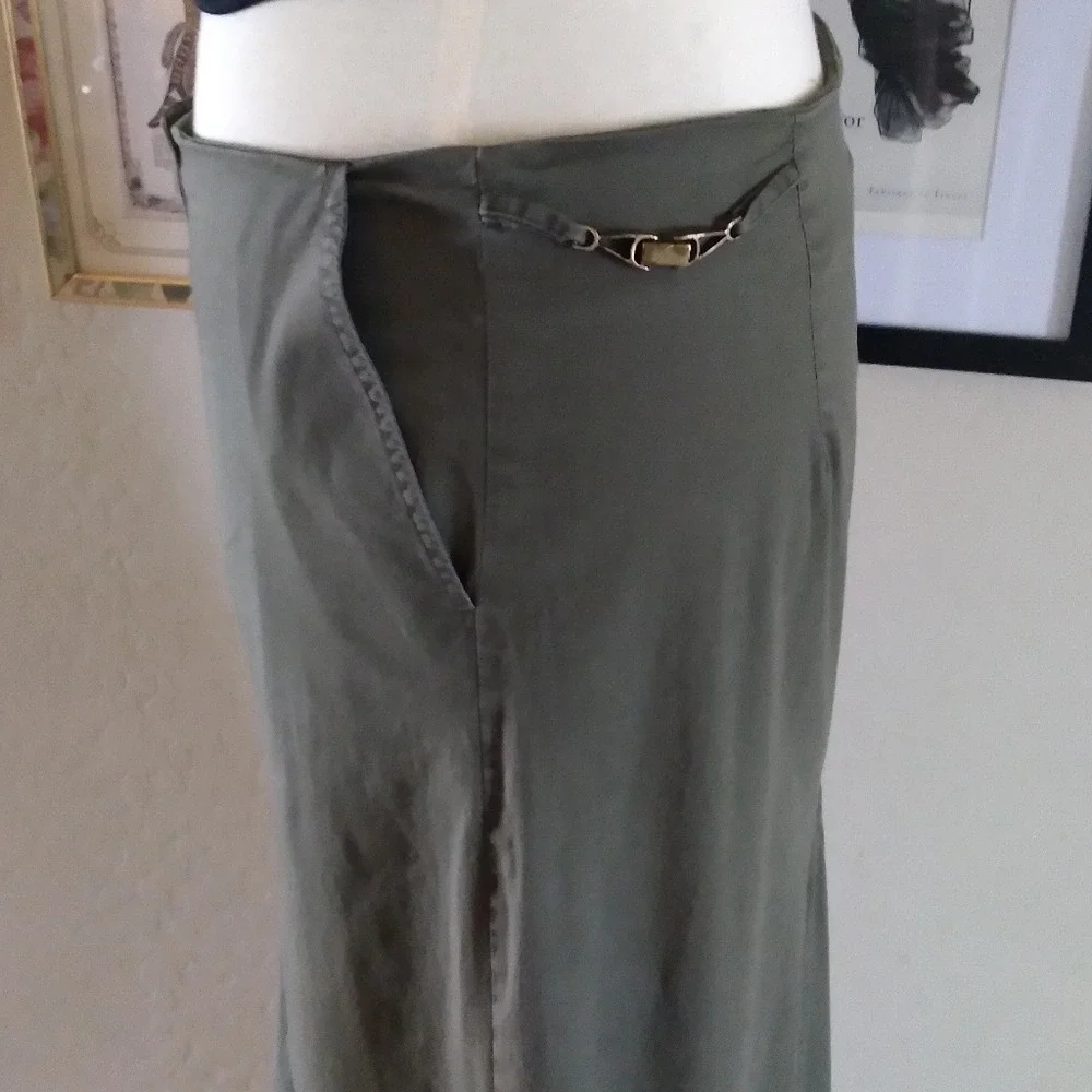 90s Vintage Olive Green Maxi Skirt‎ Low Waist A Line Full Length Skirt